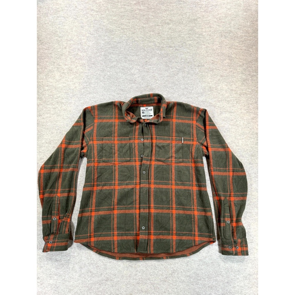 King Ranch Flannel Button Up Shirt Mens Medium Green Orange Plaid Long Sleeve